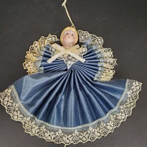 Vintage Angel Ornament Porcelain Face Lace Dress Blue Paper Fan 5”